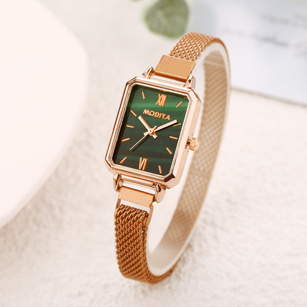 Mori Style Peacock Green Small Square Quartz Watch Ladies