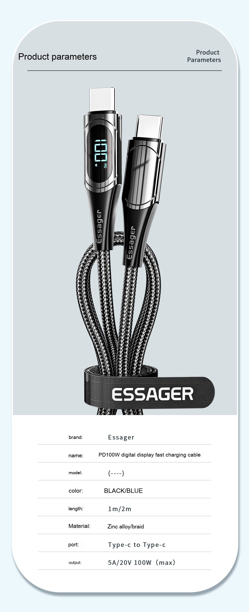 Dual Type C Cable 100W Fast Charge With E Marker Display