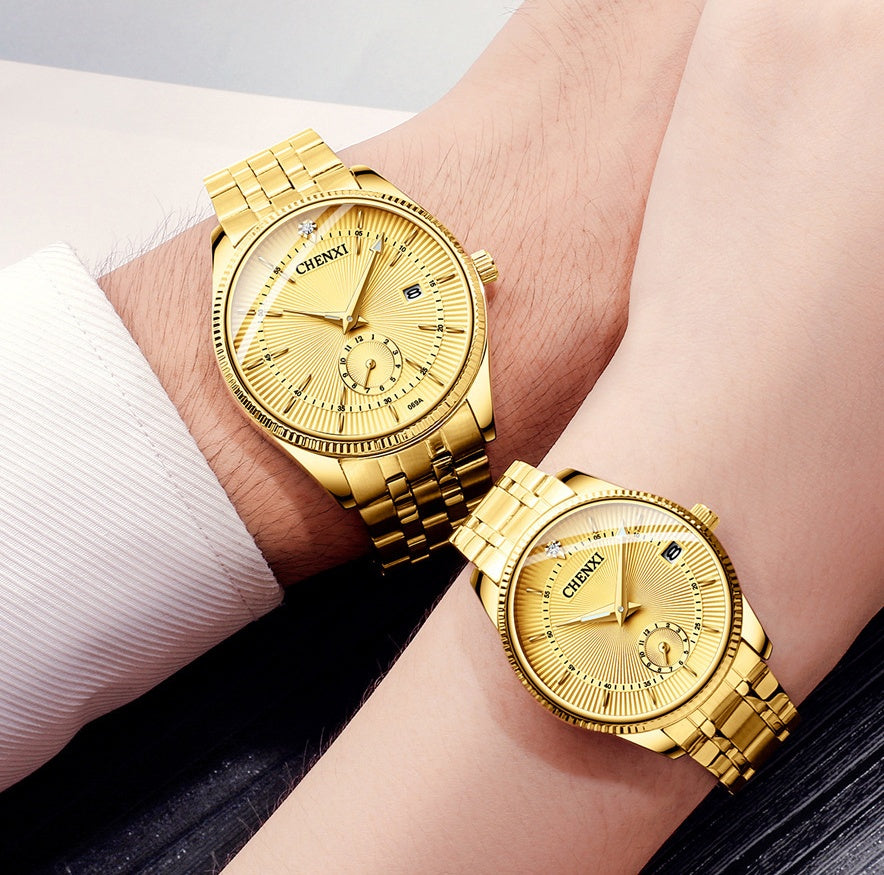 Couple Quartz Watch Set Stainless Steel Band Calendar Waterproof Gold Pair
