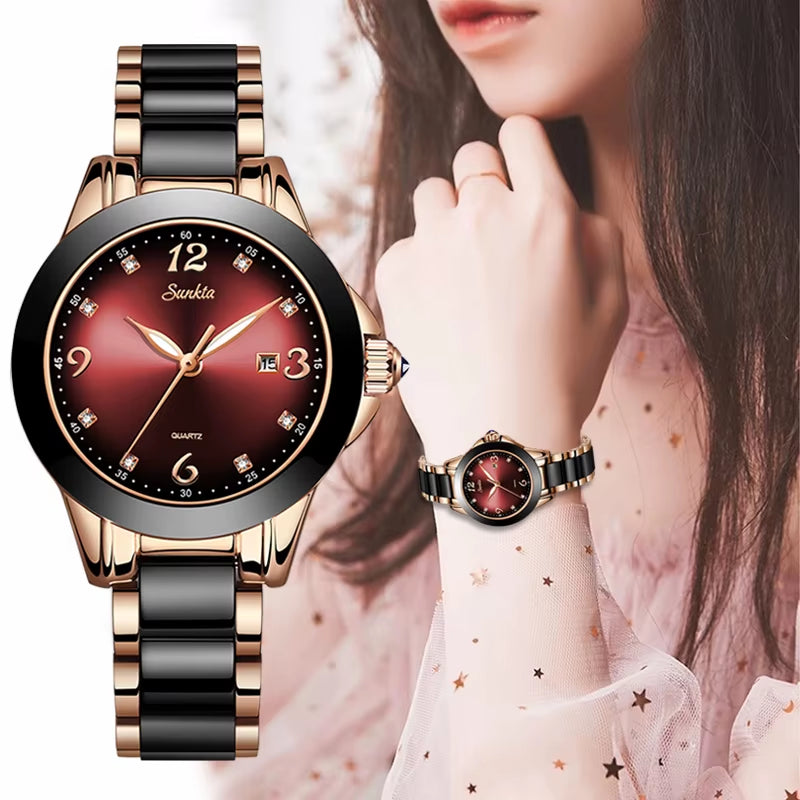 Ceramic Luxury Women's Bracelet Watch - Waterproof Analog Timepiece with Date Function