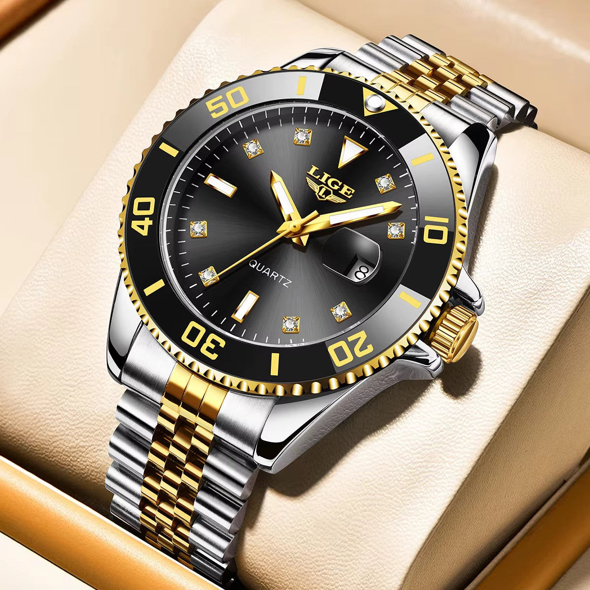 Luxury Men's Quartz Watch with Calendar, Diamond Accents, Luminous Features, and Waterproof Stainless Steel Design