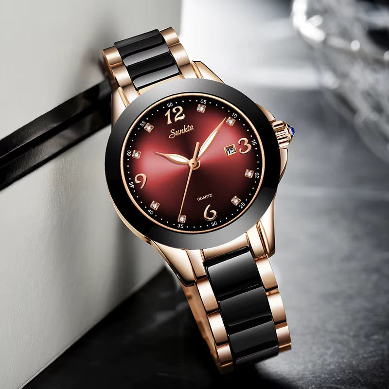 Ceramic Luxury Women's Bracelet Watch - Waterproof Analog Timepiece with Date Function