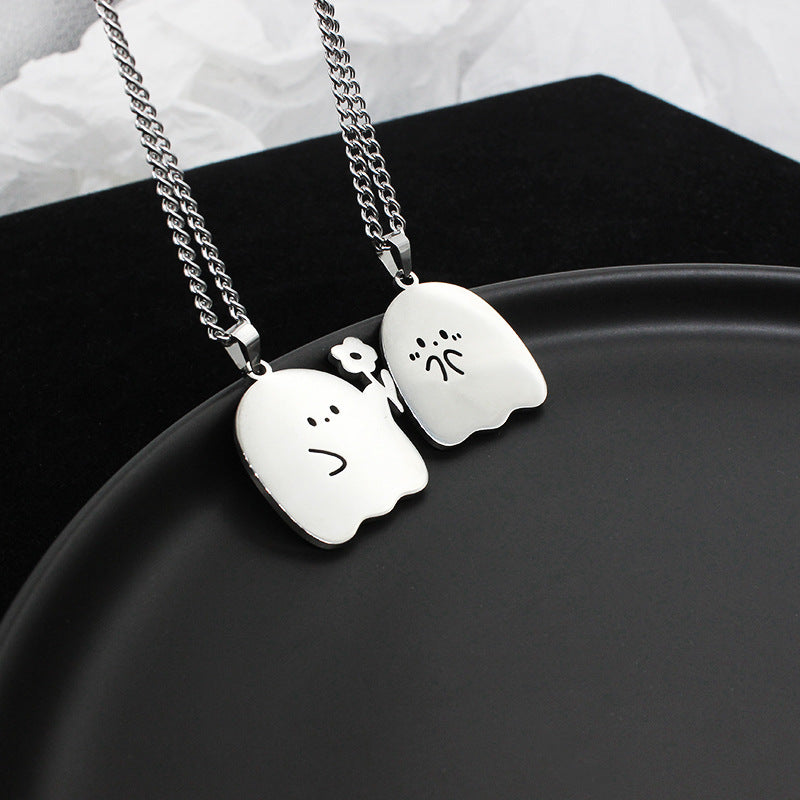 Stainless Steel Ghost Couple Necklace Cat Pendant Kawaii Lovers Friendship Jewelry