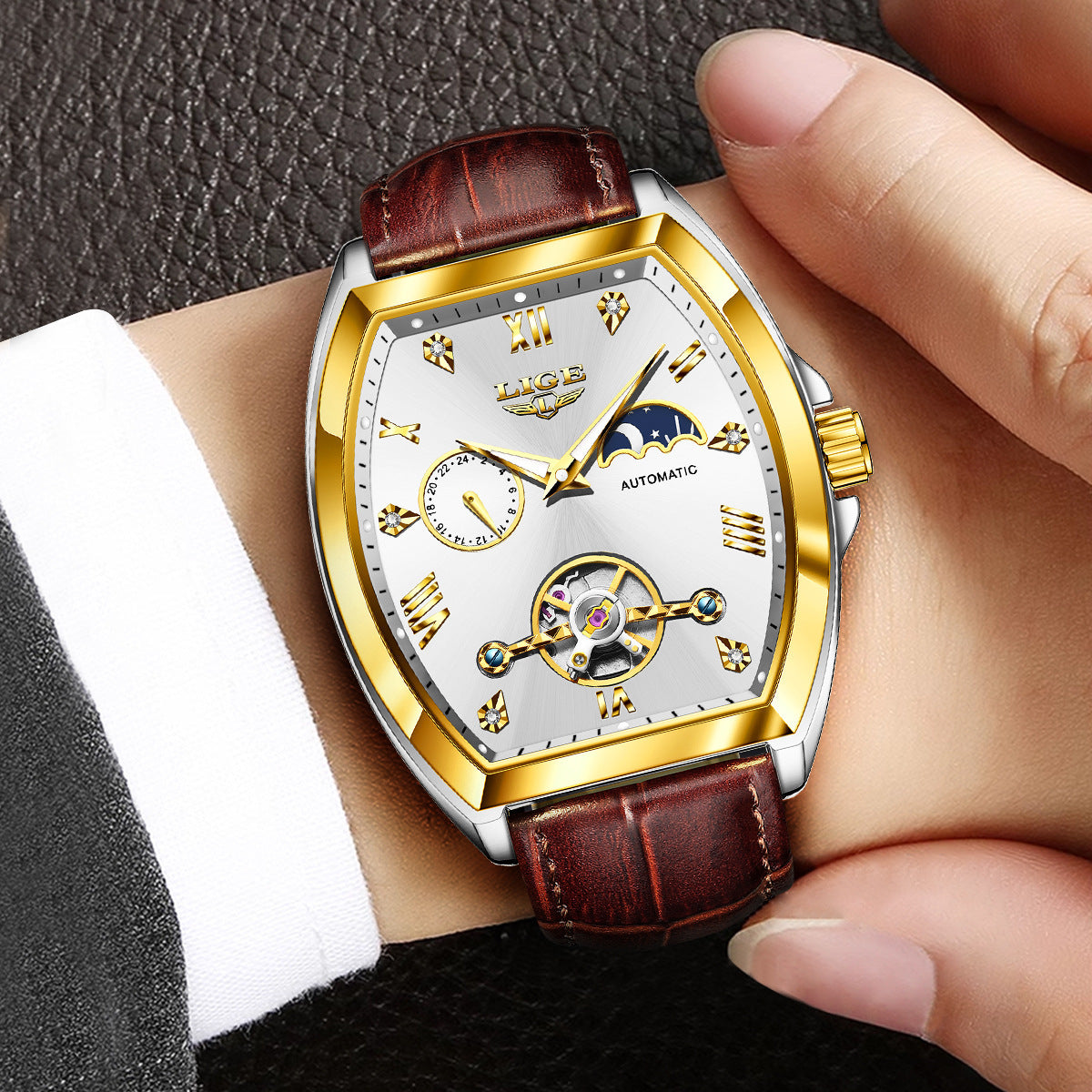 Men’s Luxury LIGE Tourbillon Mechanical Watch Waterproof Luminous Business Gold