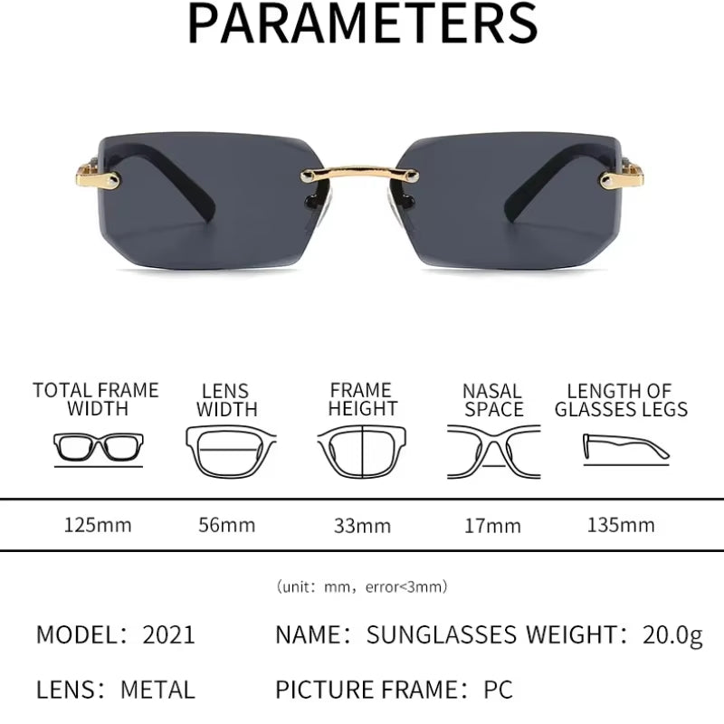 Men Women Rimless Rectangle Sunglasses - Black Lens Cut Edge - Free Shipping