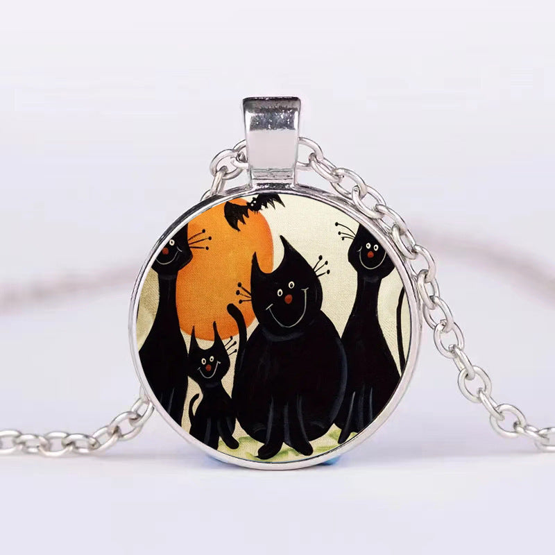 Halloween Pumpkin Ghost Bat Necklace Round Pendant Clavicle Jewelry for Men Women