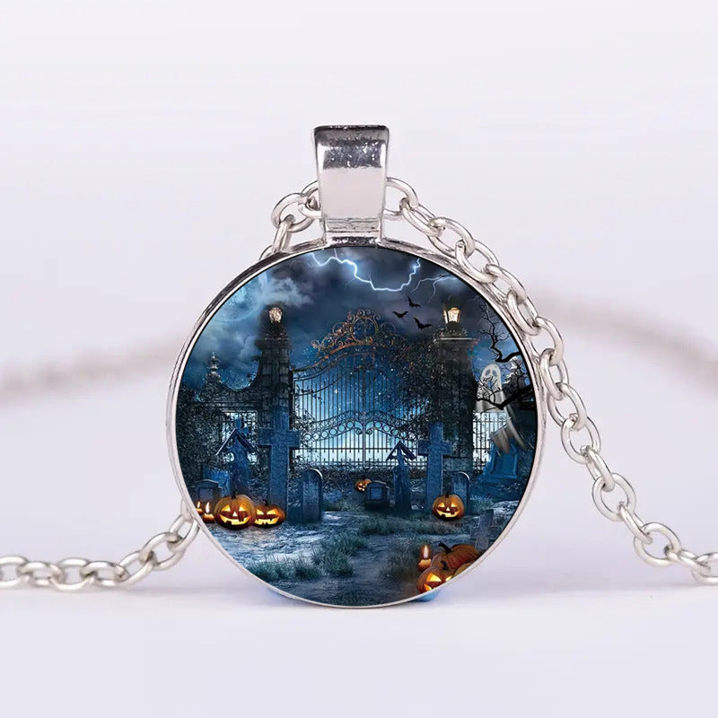Halloween Pumpkin Ghost Bat Necklace Round Pendant Clavicle Jewelry for Men Women