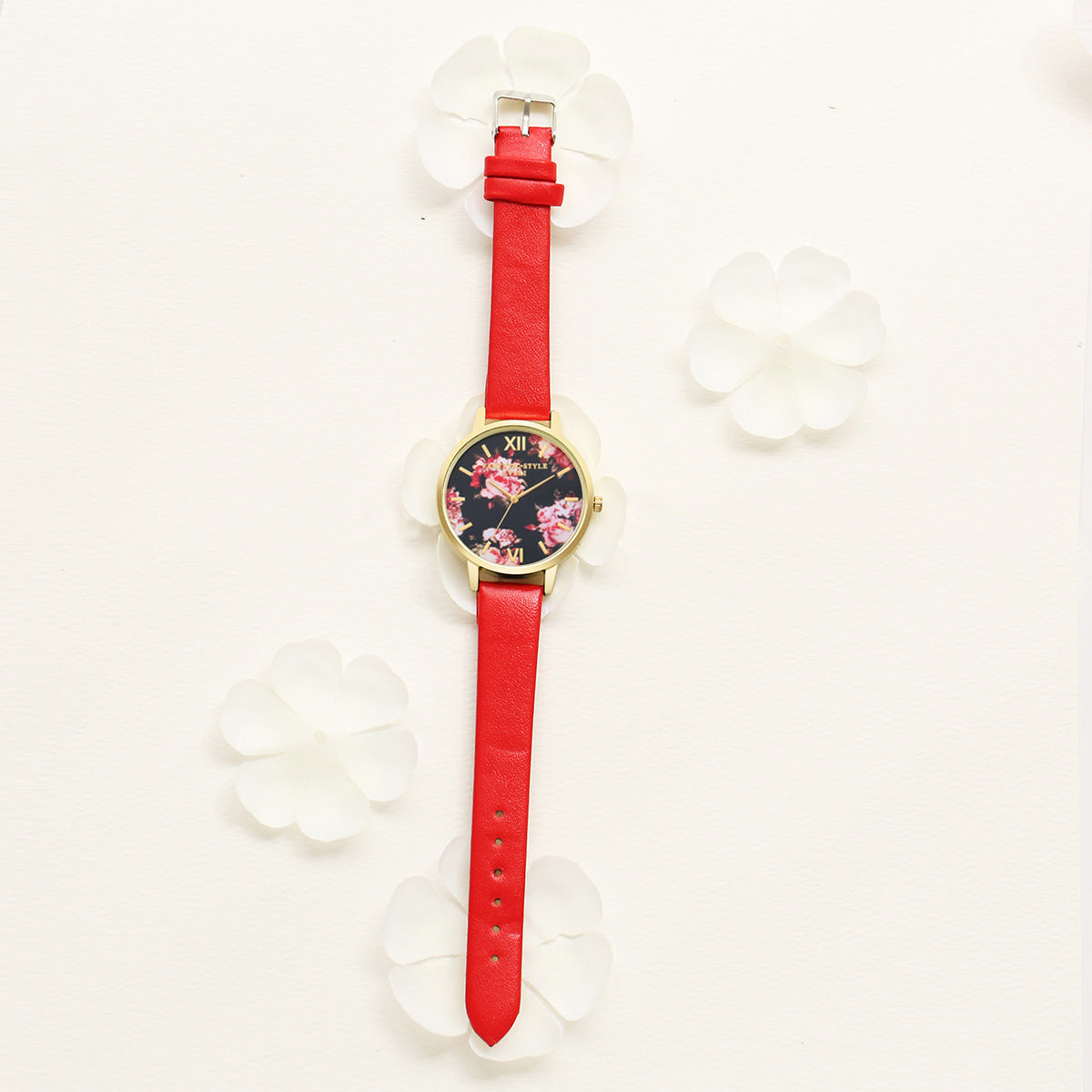 Rose Gold Women Leather Strap Watch Flower Dial Dress Gift