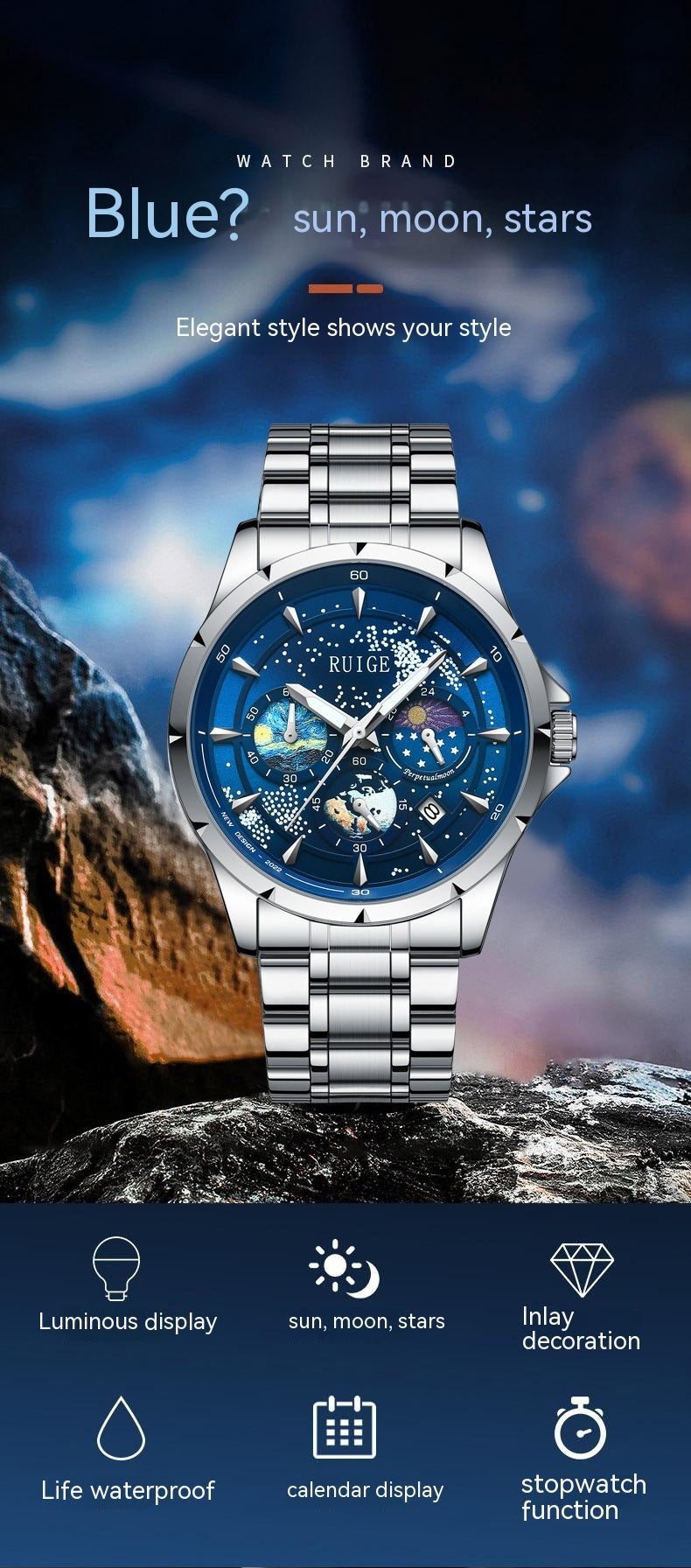 Men’s Waterproof Luminous Quartz Watch Stainless Steel Blue Dial “Star Sea”