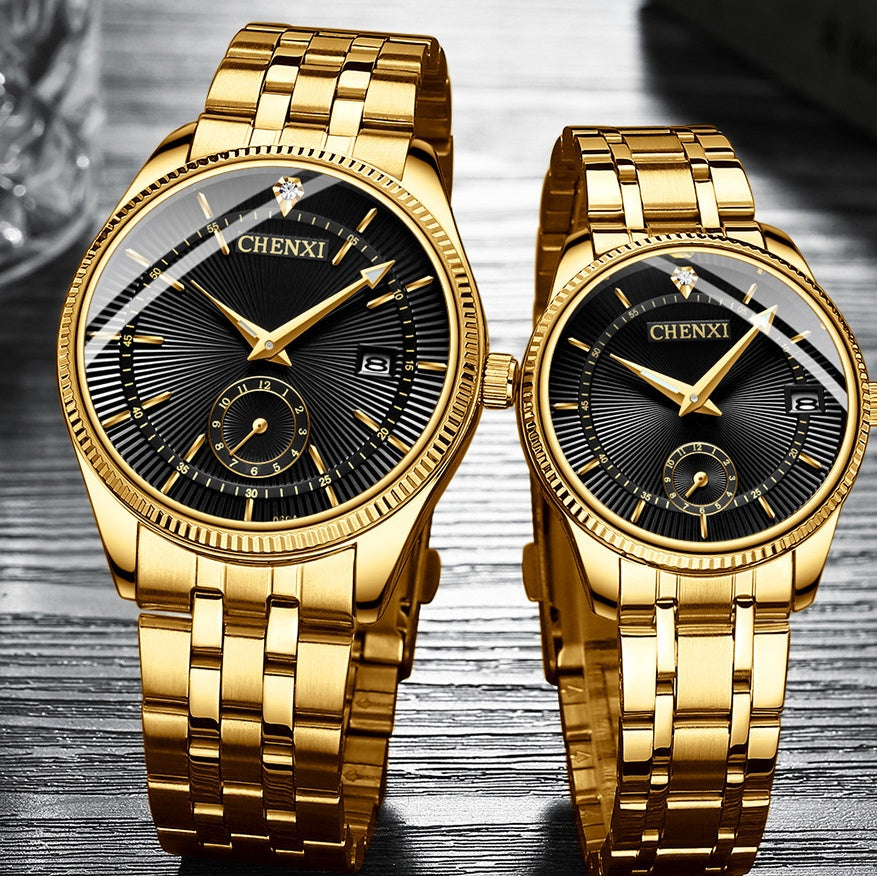 Couple Quartz Watch Set Stainless Steel Band Calendar Waterproof Gold Pair