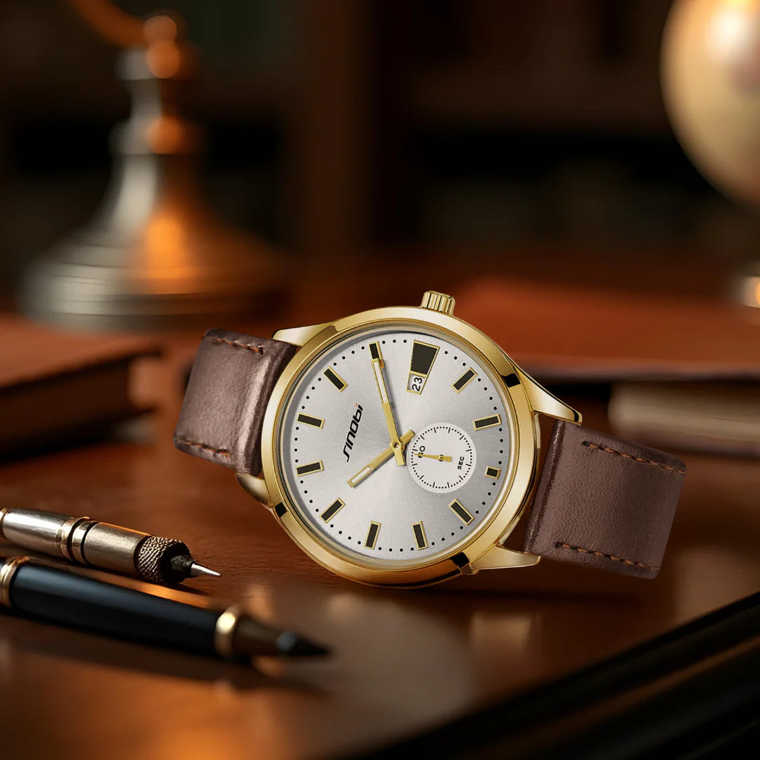 Men’s Quartz Watch 41mm Leather Strap 3ATM Waterproof Luminous Business