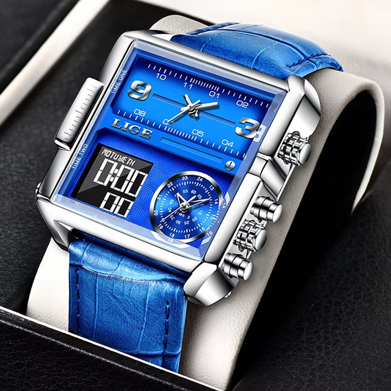 Men's Luxury Quartz Analog-Digital Sport Watch with LED Display, Waterproof Square Dial, and Leather Strap
