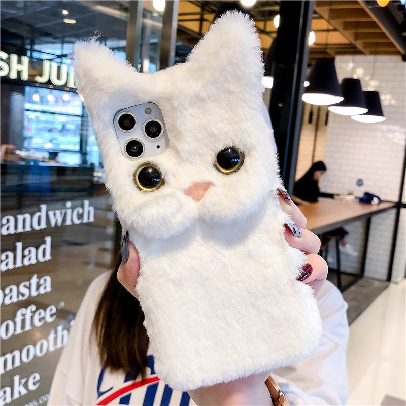 Plush Cat Phone Case Autumn Winter Warm Cover for iPhone 6–14 Pro Max