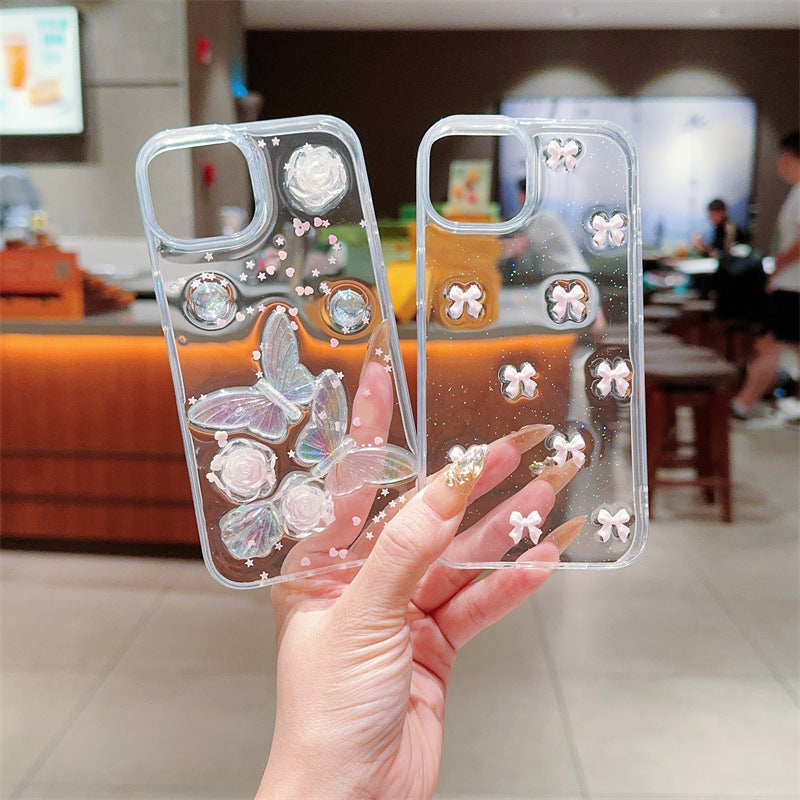 iPhone 11–16 Pro Max Phone Case Japanese Korean Love Rose Pattern Protective