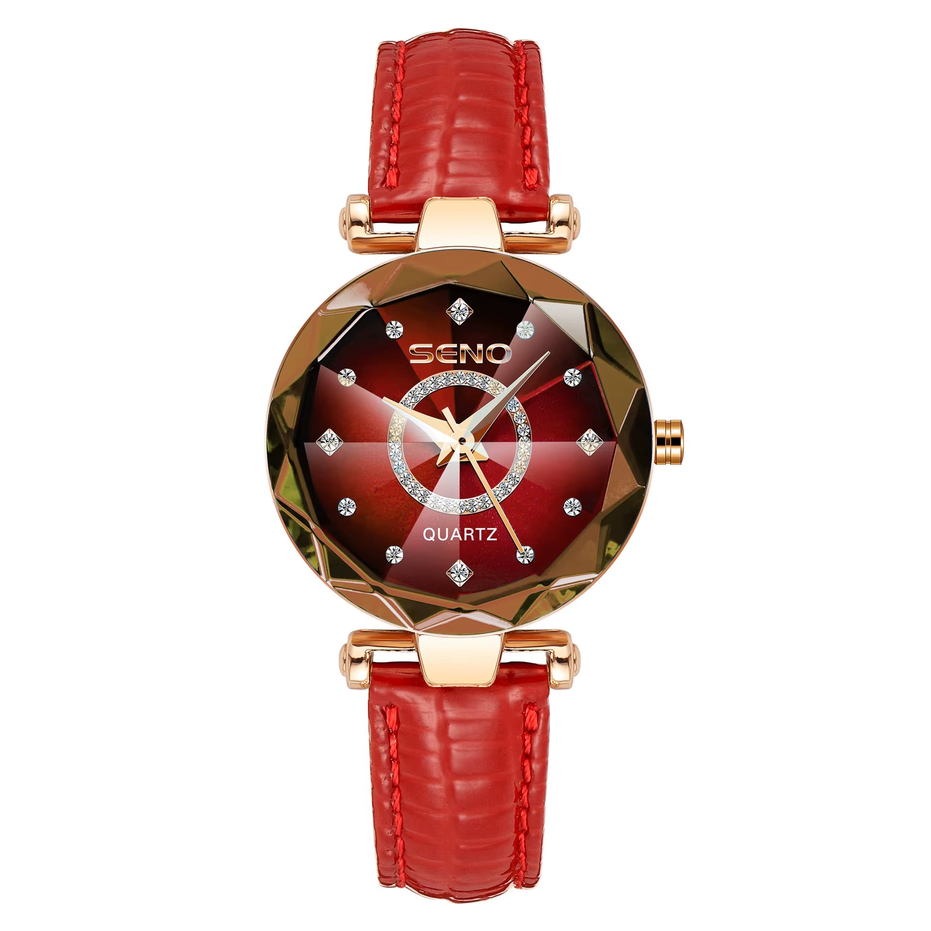 Women’s Quartz Crystal Watch red Leather Blue Dial Free Shipping Includes Case