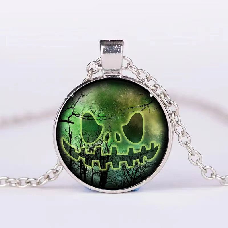 Halloween Pumpkin Ghost Bat Necklace Round Pendant Clavicle Jewelry for Men Women