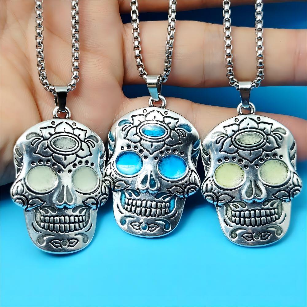 Halloween Luminous Skull Necklace Day of Dead Lotus Pattern Clavicle Pendant Jewelry