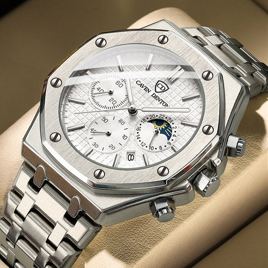 Moon-Phase Stainless Steel Men’s Watch – Waterproof & Multi-Function