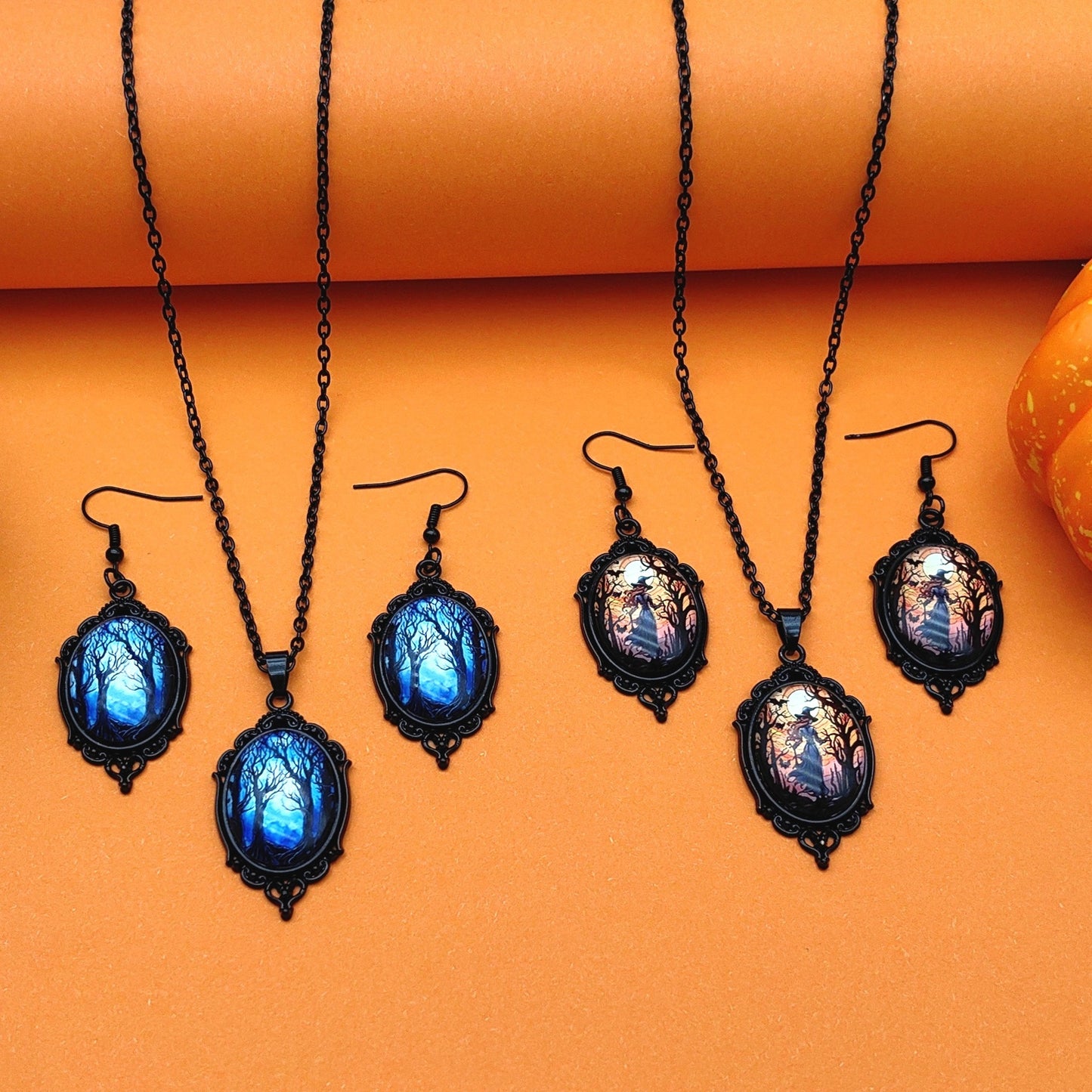 3PCS Vintage Halloween Necklace Set Tree of Life Witch Pendant with Earrings Jewelry