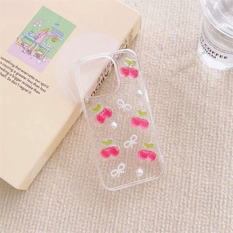 3D Cherry Bow Epoxy Phone Case Cute Protective Back Cover for iPhone 11–16