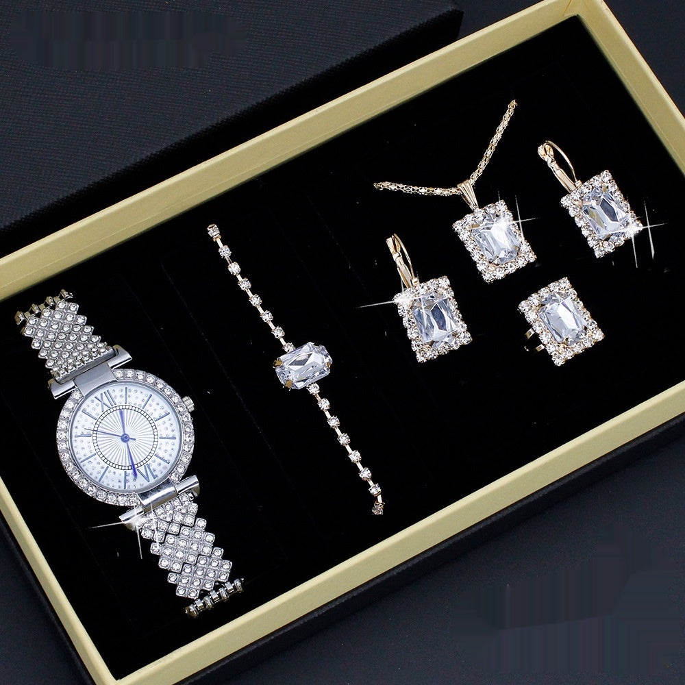 Diamond Embedded Roman Numerals Women’s Jewelry Watch Set – Elegant Gift Piece