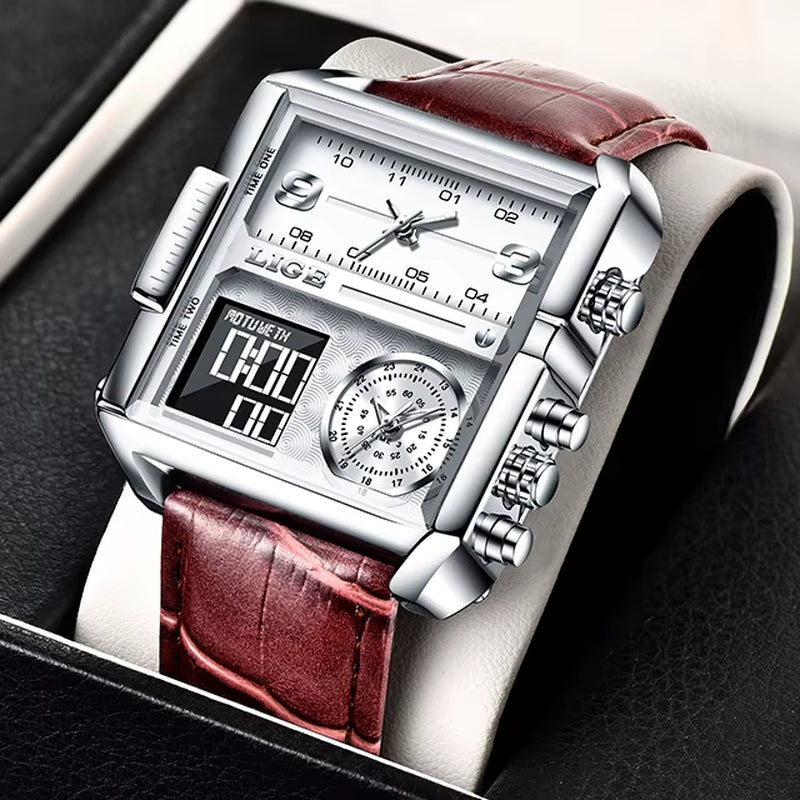 Luxury Men's Quartz Analog-Digital Sport Watch with LED Display, Waterproof Military Design, Square Dial, and Leather Strap