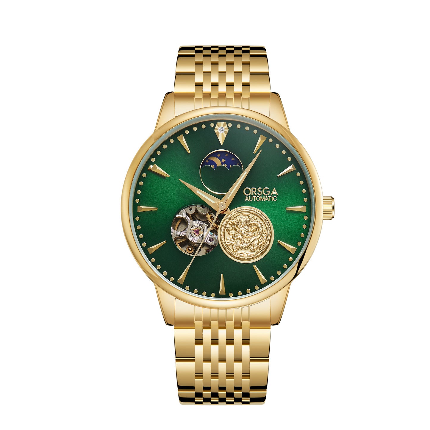 Luxury Automatic Mechanical Watch Gold Coin Dragon Dial Stainless Steel 42mm