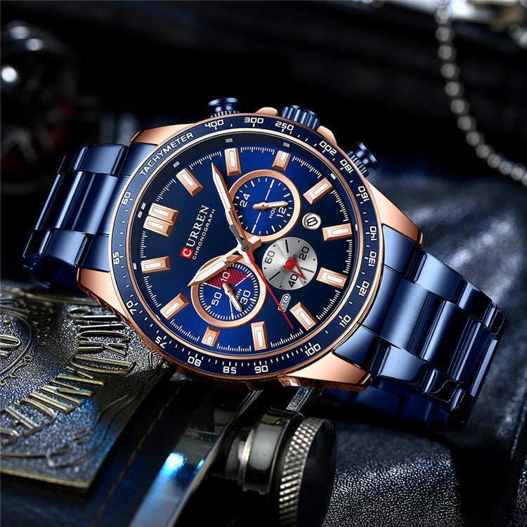 Men’s Chronograph Stainless Steel Quartz Watch Waterproof Calendar Luminous