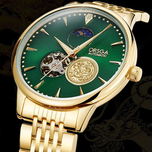 Luxury Automatic Mechanical Watch Gold Coin Dragon Dial Stainless Steel 42mm