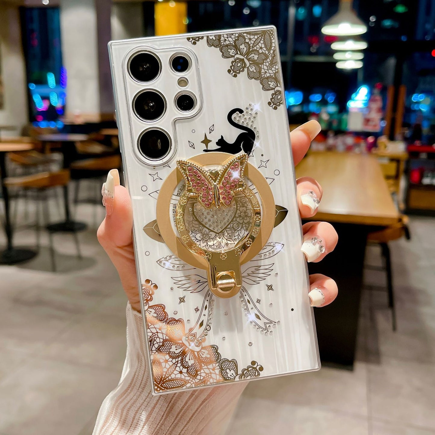 Diamond Encrusted Butterfly Stand Phone Case White Gold