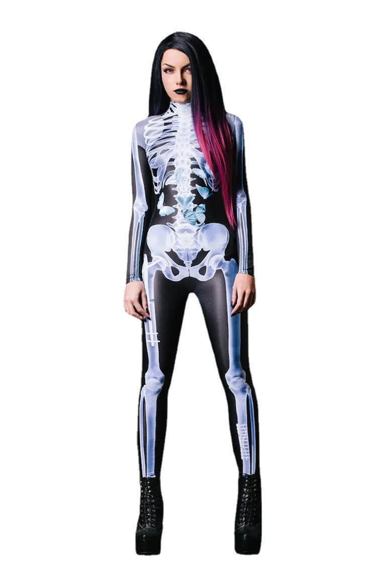 Halloween Skeleton Bodysuit 3D Print See-Through One-Piece Long Sleeve Tights