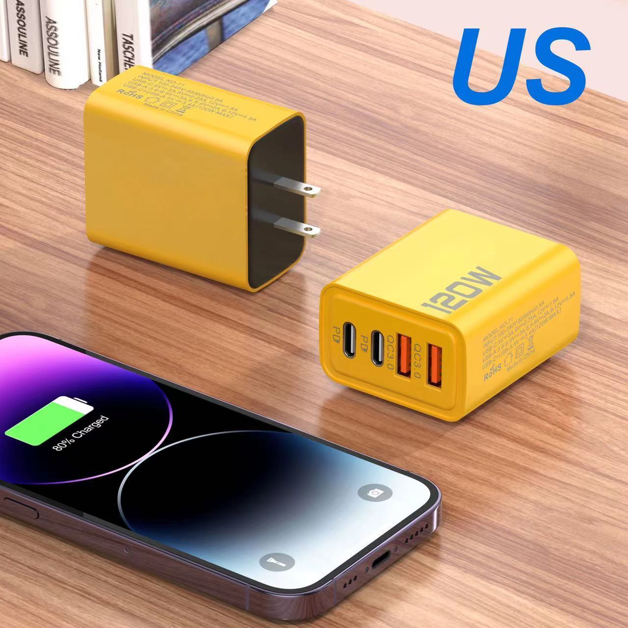 Yellow Double PD USB Charger With Dual USB Ports 12W Output