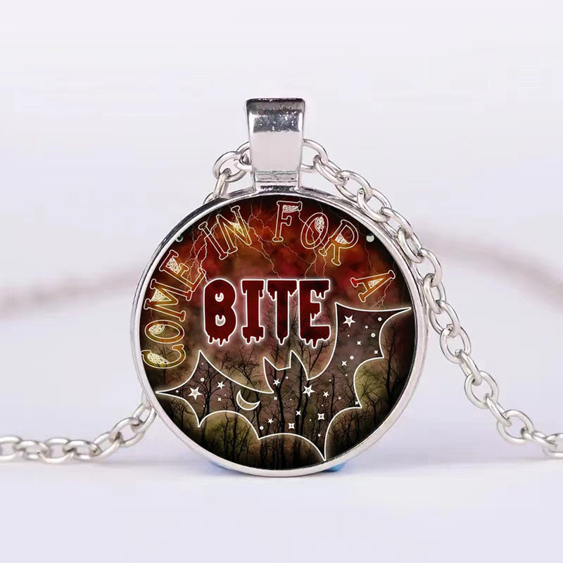 Halloween Pumpkin Ghost Bat Necklace Round Pendant Clavicle Jewelry for Men Women