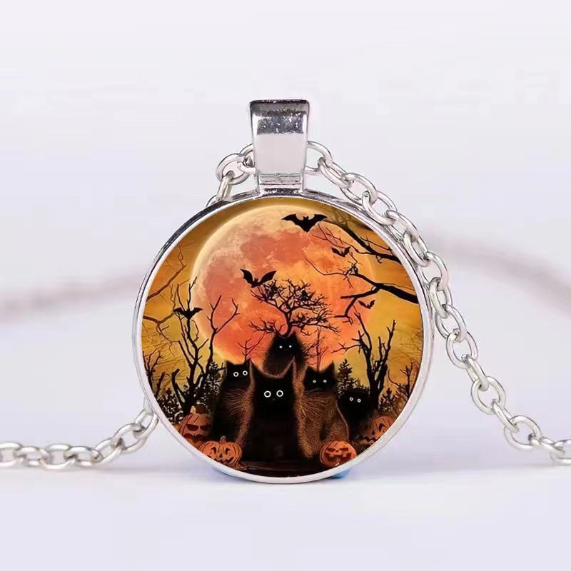 Halloween Pumpkin Ghost Bat Necklace Round Pendant Clavicle Jewelry for Men Women