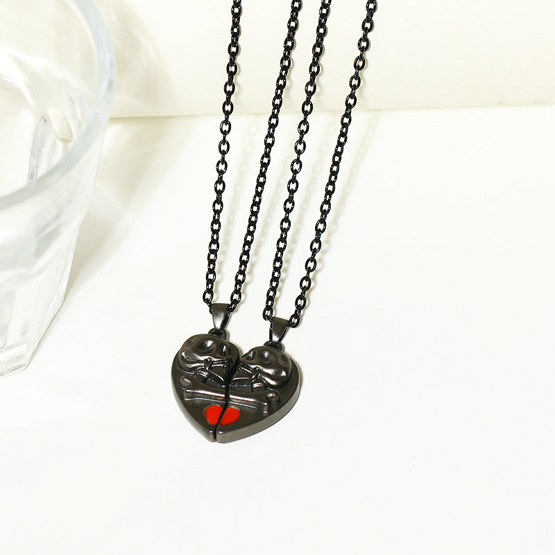 Punk Retro Skull Pendant Necklace Halloween Heart Magnetic Love Couple Jewelry