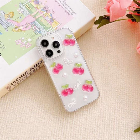 3D Cherry Bow Epoxy Phone Case Cute Protective Back Cover for iPhone 11–16