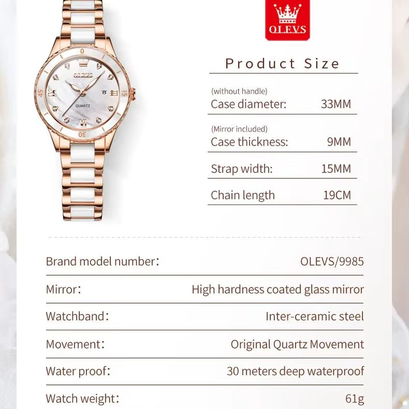 Elegant Women's Quartz Watch with Roman Numerals, Waterproof Calendar, and Ceramic Strap - Luxury Original Design