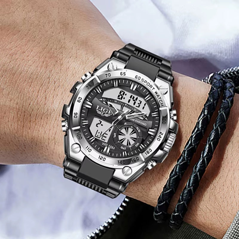 Men's Military Digital Dual Display Watch - 50M Waterproof Sport Wristwatch with LED Luminous Quartz for Active Lifestyle
