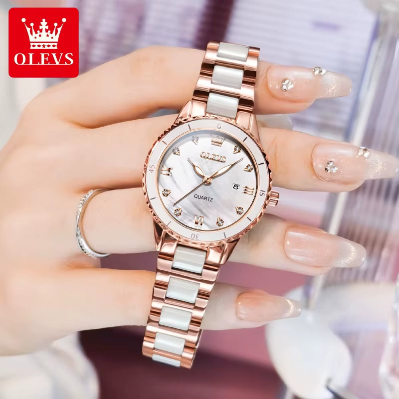 Elegant Women's Quartz Watch with Roman Numerals, Waterproof Calendar, and Ceramic Strap - Luxury Original Design