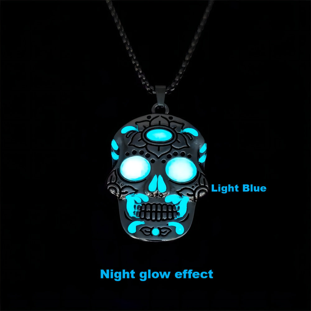 Halloween Luminous Skull Necklace Day of Dead Lotus Pattern Clavicle Pendant Jewelry