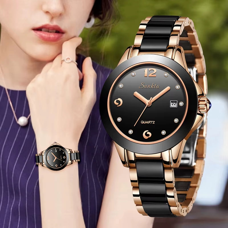 Women's Fashion Ceramic Bracelet Watch - Waterproof Dress Timepiece with Date Display - Elegant Gift for Her