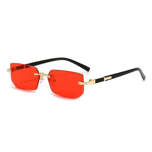 Men Women Rimless Rectangle Sunglasses - Red Lens Cut Edge - Free Shipping