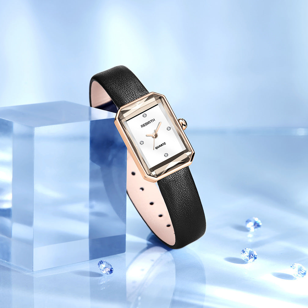 Rectangular Dial Quartz Watch Alloy Case Blue Rose Gold