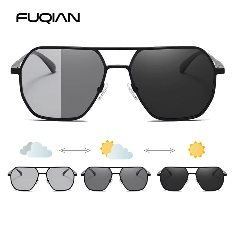 Luxury Metal Photochromic Sunglasses Men Women Fashion Polarized Sun Glasses Stylish Chameleon Anti-Glare Driving Shades UV400