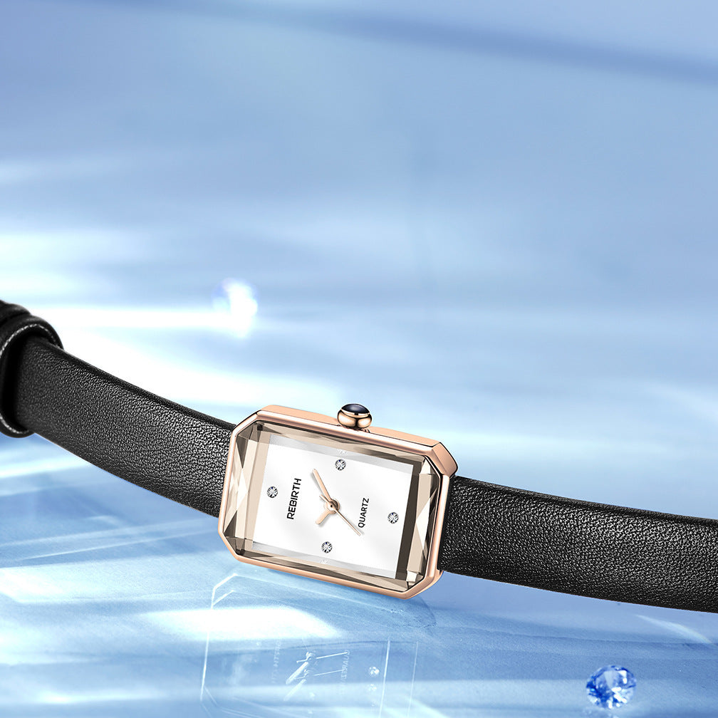 Rectangular Dial Quartz Watch Alloy Case Blue Rose Gold