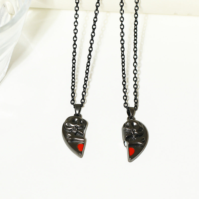 Punk Retro Skull Pendant Necklace Halloween Heart Magnetic Love Couple Jewelry