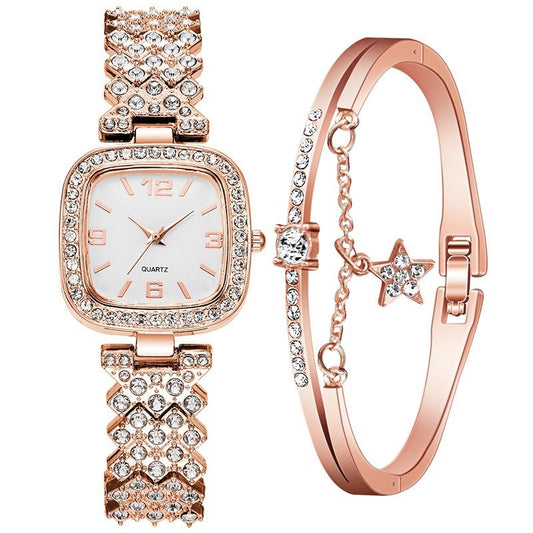 Women's Diamond Watch And Bracelet Two Piece Set Casual