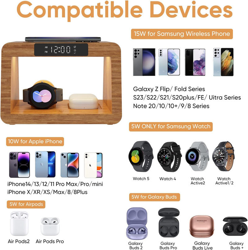 Bamboo Table Lamp Alarm Clock With Wireless Charger