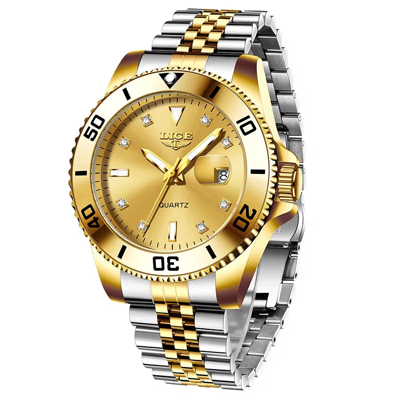 Luxury Men's Quartz Watch with Calendar, Diamond Accents, Luminous Features, and Waterproof Stainless Steel Design