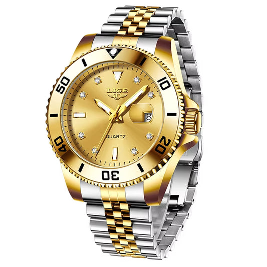 Luxury Men's Quartz Watch with Calendar, Diamond Accents, Luminous Features, and Waterproof Stainless Steel Design